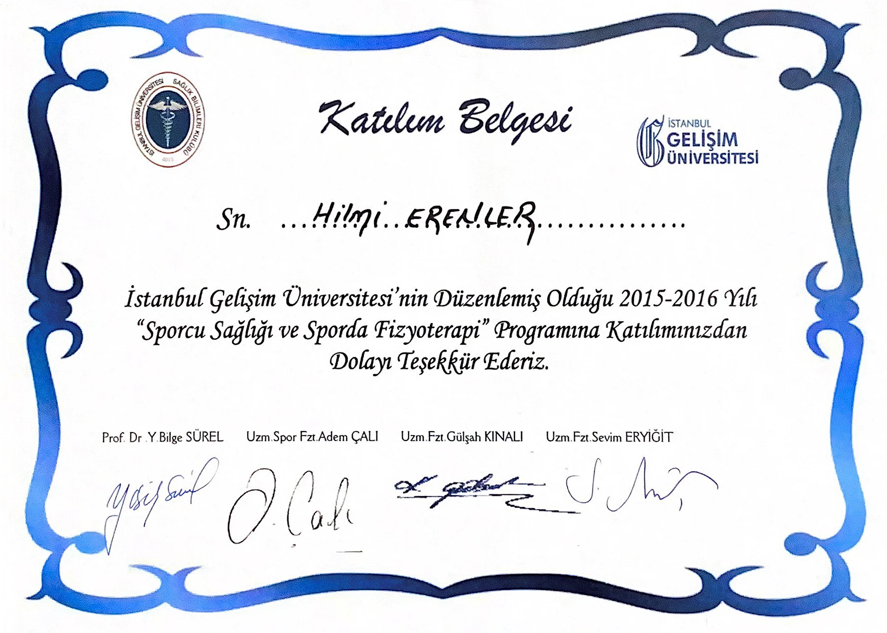Sporcu Sağlığı ve Sporda Fizyoterapi Konferansı Katılım Belgesi